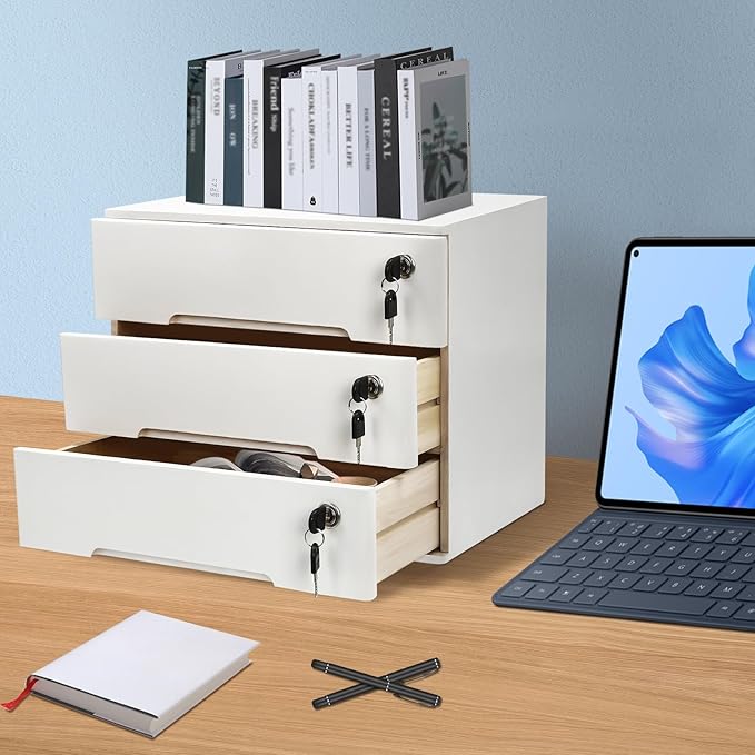 Desktop File Organizer with Lock, 2/3/4 Tier Multi-Drawer Wooden Storage Cabinet, Office Supply Organizer for Home Desk, Study & Workplace (White, 3 Layers)