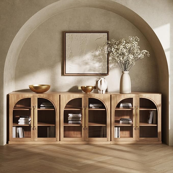 BELLEZE Set of 3 Modular Sideboard with Arched Glass Door, 97'' Accent Display Buffet Cabinet with Storage and Adjustable Shelves,Classic Modern Credenza for Dining Room Living Room Entryway (Camel)