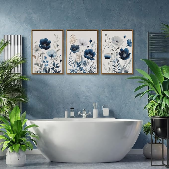 BingruiArt Navy Blue Wall Art Canvas Abstract Floral Painting Blue and Gray Posters Watercolor Flower Decor Wildflower Pictures Botanical Prints for Living Room Bedroom Bathroom 3 Pcs 16"x24" Natural Framed