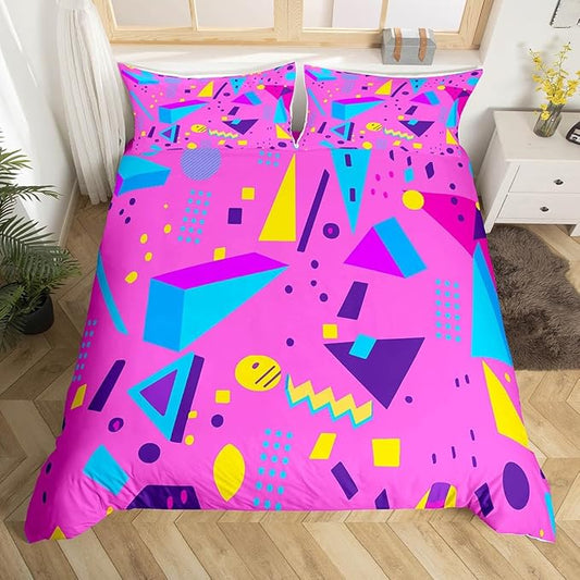 80s 90s Bedding Set Memphis Pattern Old Fashioned Comforter Cover King,Geometric Abstract Colorful Dots Funky Duvet Cover Retro Bed Set,Multicolor Vintage Rainbow 80'S Style 1980S Home Decor,Pink