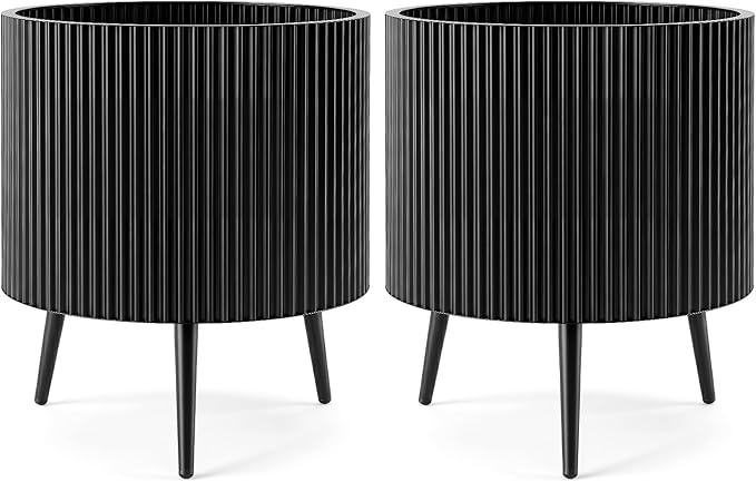 Giantex 20 Inch Plant Pot with Stand Set of 2, Mid-Century Modern Fluted Planter with Built-in Drainage Holes, Metal Flower Pot with Tapered Legs for Living Room, Office, Porch, Garden