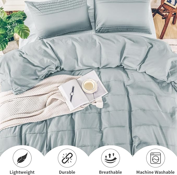 NEXHOME PRO 100% Washed Cotton Duvet Cover Queen Size, Pleated Textured Duvet Cover Set Azure Blue, 3 Pieces Bedding Set with Zipper Closure, Soft, Lightweight and Breathable (90"x90", No Comforter)