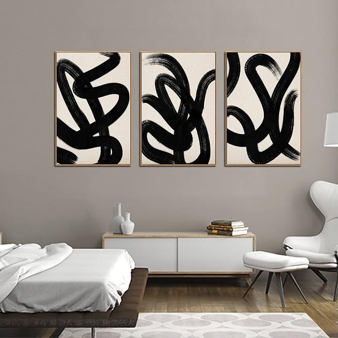 arteWOODS Framed Wall Art Canvas Set Abstract Lines Pictures Modern Mid Century Boho Wall Decor Minimalist Abstract Black Stroke Painting Artwork Living Room Bedroom Home Office 32" x 48" *3 Natural