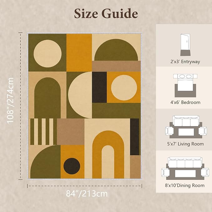 Olive Bauhaus Area Rug 7x9, Mid Century Modern Geometric Rug, Mustard Green Abstract Color Block Washable Low Pile Non Slip Rug for Living Room Bedroom