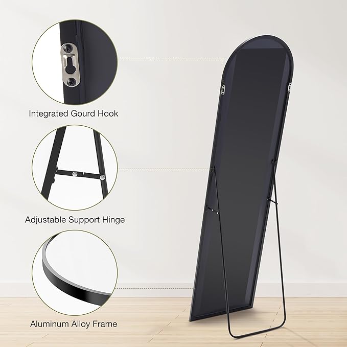 OLIXIS Arched Full Length Mirror for Bedroom, 58"x19" Full Body Mirror with Stand, Hanging or Leaning for Wall, Aluminum Alloy Thin Frame Floor Standing for Living Room, Long, Black