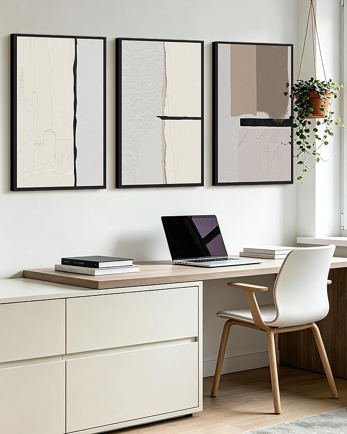 KUVIOKE Neutral Abstract Framed Wall Art Beige Mid Century Textured Wall Decor Minimalist Modern Illustrations Art Print Home Decor 24x36in (Black Framed)