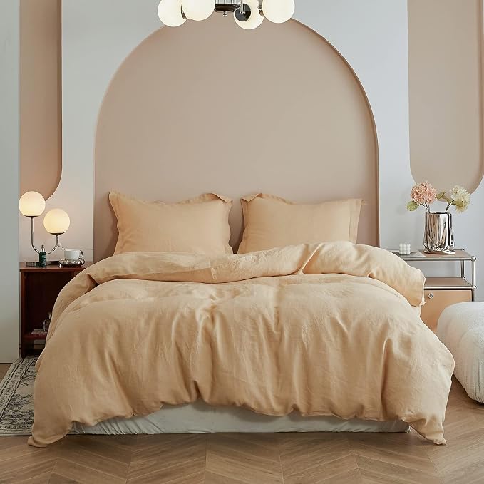 Simple&Opulence 100% Linen Duvet Cover Set, 3 PCS Natural French Flax Sand Duvet Cover Queen Size, Breathable Soft Comfy Linen Bedding Comforter Cover with 2 Pillowcases(Sand, 88"x92")