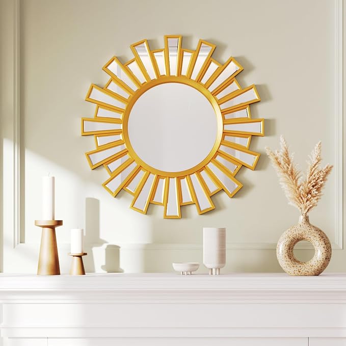 24"x24" Round Wall Decor Mirror, Gold Sunburst Mirror, Wall Art with Metal Frame for Entryway, Bathroom, Vanity, Living Room