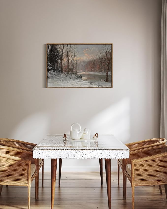 ARPEOTCY Vintage Framed Canvas Wall Art, Christmas Wall Art, Snow Straem River Tree Cloud Farmhouse Landscape Art Hanging Paintings for Living Room Bathroom Bedroom, 20x30 Inch