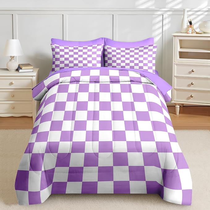 Nesker Comforter Set Twin Size, Purple Plaid Gingham 5 Pcs Bedding for Kids and Adults, Checkerboard Grid Bed Sheet Sets with Fitted Sheet Pillowcase & Sham