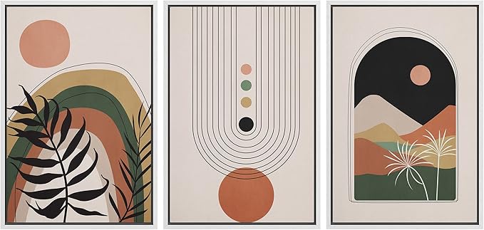 wall26 Framed Canvas Print Wall Art Set Boho Mid-Century Geometric Desert Plant Landscape Nature Abstract Illustrations Modern Bohemian Decorative for Living Room, Bedroom, Office - 16"x24"x3 White