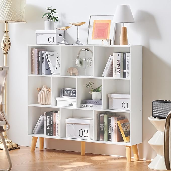 LEYAOYAO 10 Cube Bookshelf,3 Tier Modern Wide Bookcase with Legs,Mid-Century Wood Bookshelves Storage，White Large Book Case,Freestanding Organizer Display Shelf for Bedroom,Living Room,Office