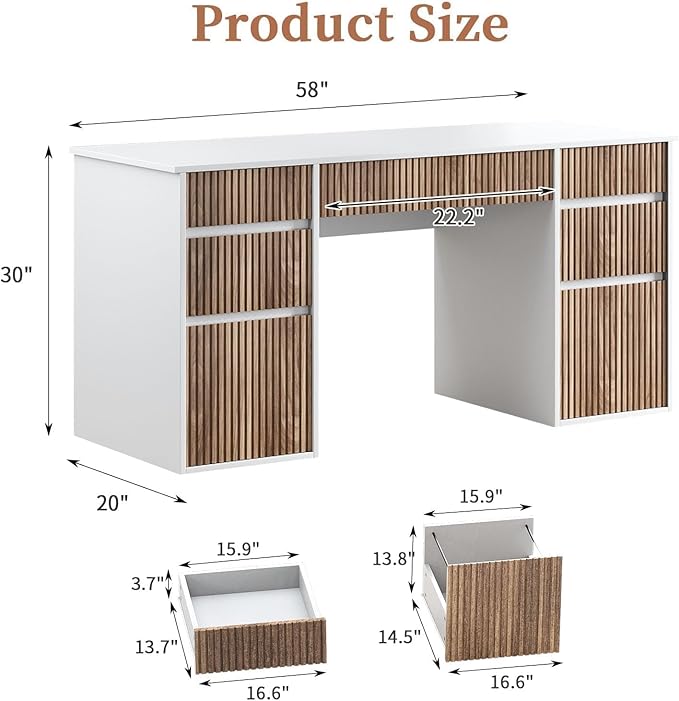 4 EVER WINNER 58 Inch White Desk with Drawers, Home Office Desks with 7 Storage Drawers, Executive Desk with File Cabinet for Bedroom Study Work Table Writing, White and Walnut