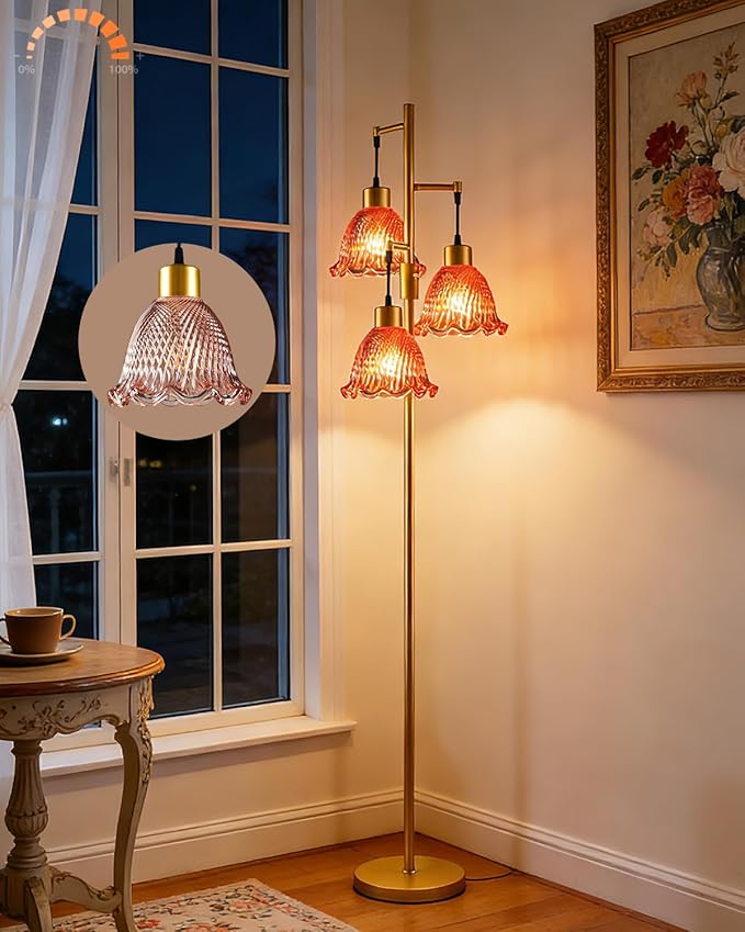 3-Light Modern Glass Floor Lamp, Gold Standing Tall Lamp with Deep Red Glass Shade for Reading, Dimmable LED Floor Lamp with 5Lbs Heavy Base for Living Room Bedroom Home Decor, Bulb Included
