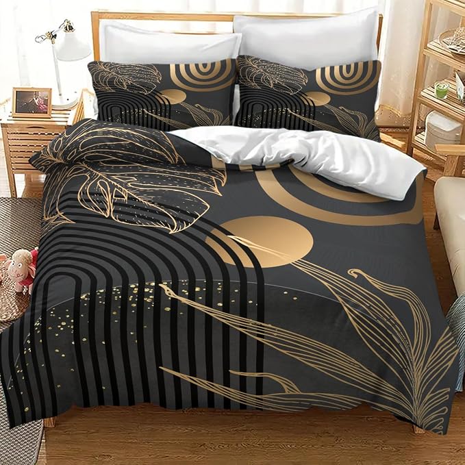 Mid Century Leaf Bedding Set,Dark Black Gold Abstract Tropical Plant Minimalist Modern Geometric Palm Leaf Simple Comforter Duvet Cover Set with Pillowcase for Bedroom Bed Decor，Twin 86"x70"