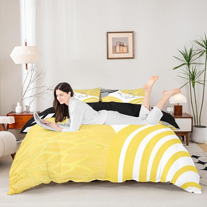 Erosebridal Boho Mid Century Queen Comforter Cover for Women Men Adults |Yellow and White Modern Duvet Cover Minimalist Geometric Bed Set Aesthetic Modern Abstract Bedding Set