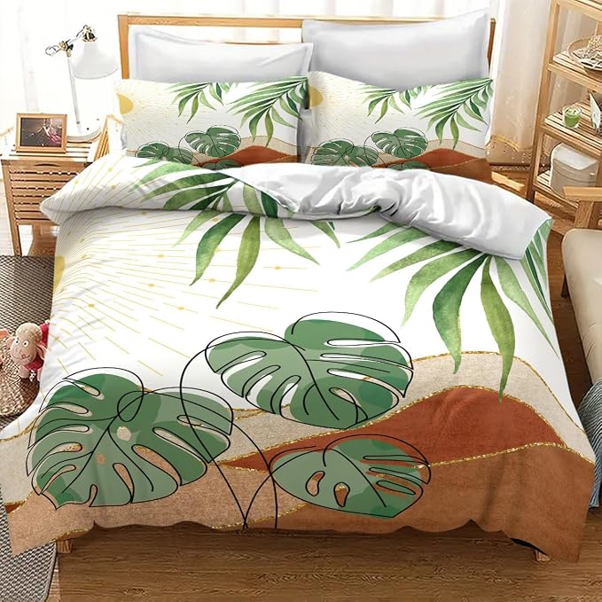 Boho Sunrise Bedding Set,Mid Century Aesthetic Tropical Palm Leaves Abstract Minimalist Comforter Set with Pillowcase for Bedroom Bed Decor,King 102"x90"