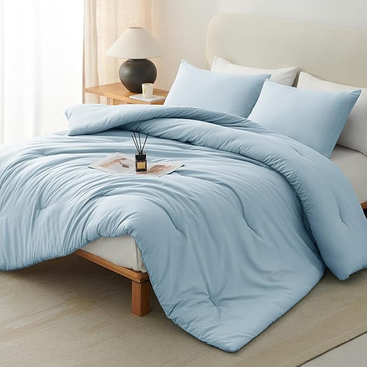CozyLux Full Size Comforter Set Light Blue, 3 Pieces Lightweight Down Alternative Quilted Bedding Sets, All Season Soft Breathable Solid Comforter with 2 Pillowcases, Luxury Bed Set Gift for Home