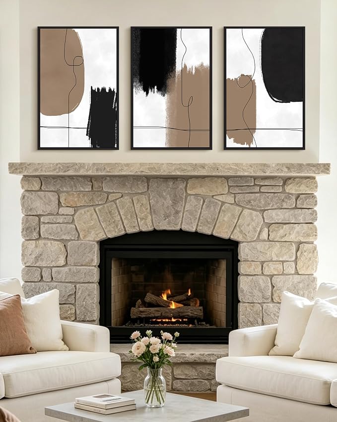 KUVIOKE Neutral Abstract Framed Wall Art Beige Mid Century Textured Wall Decor Minimalist Line Modern Illustrations Art Print Home Decor 16x24in (Black Framed)