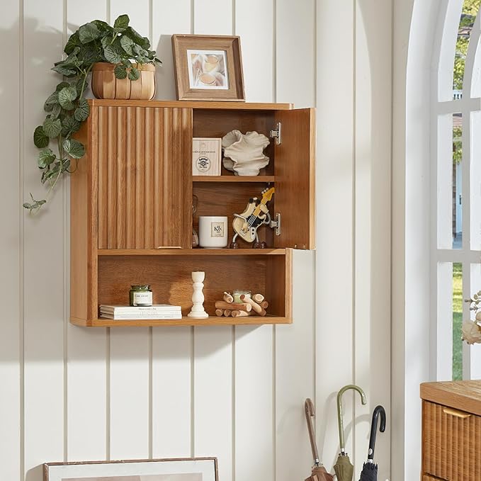 LEYAOYAO Fluted Bathroom Wall Cabinet, Wall-Mounted Medicine Cabinet w/Adjustable Shelf & Doors, Farmhouse Floating Over The Toilet Storage Cabinets for Laundry Room, Kitchen, Living Room (Tea Brown)