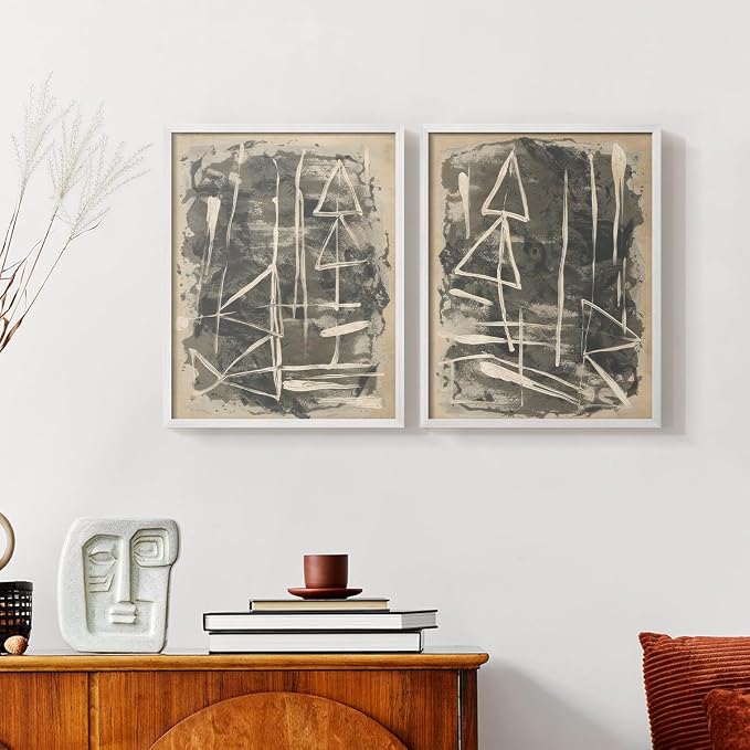 Renditions Gallery Set of 2 Peel & Stick Framed Prints, Trendy Abstract Wall Art, Textured Linework Striking Wall Decor, Re-Stickable - Ready to Hang - 8"x10" - White Frame LT588