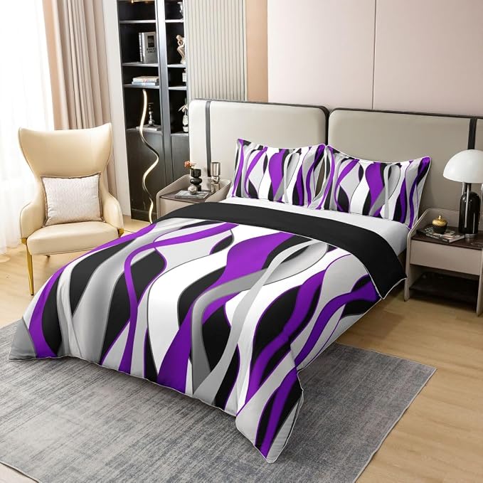 Erosebridal Purple Modern Abstract 100% Cotton Duvet Cover King Geometric Waves Striped Bedding Set for Kids Teens Adults Wave Lines Art Comforter Cover Minimalist Artistic Bed Set 3 Pcs
