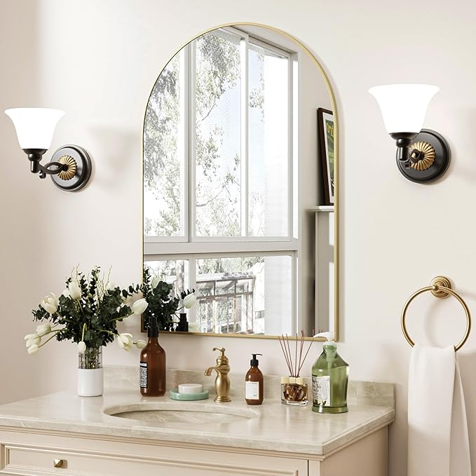 Gold Arched Bathroom Mirror for Wall-36"X24" Wall Mirror for Living Room, Bedroom, Bathroom, Dressing Room Hanging Vanity Mirror for Wall Decoration