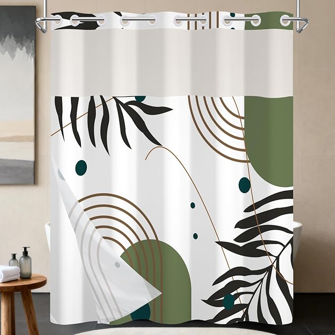 No Hook Boho Shower Curtain with Snap-in Liner, Mid Century Modern Abstract Botanical Design, Sage Green Geometric Leaves, Waterproof Double Layer Fabric with Mesh Window, 71 x 74 Inch