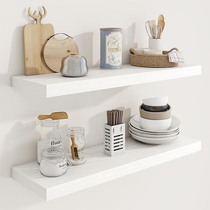 30in Floating Shelves for Wall, 30"W x 9.25"D x 1.25"H, 2 Pack Long Wall Mounted Engineered Wood Shelves with Invisible Brackets for Living Room, Bedroom, Bathroom, Kitchen Decor and Storage, White