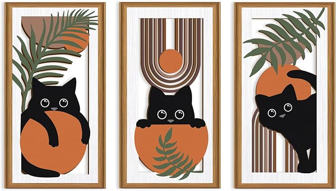 Ausril 3Pcs Boho Black Cat Wall Decor,Boho Cats Wall Art,Mid Century Modern Decor Black Kitty,Abstract Geometric Cats Artwork,Minimalist Botanical Bohemian Cat Wood Art for Home Bedroom Living Room