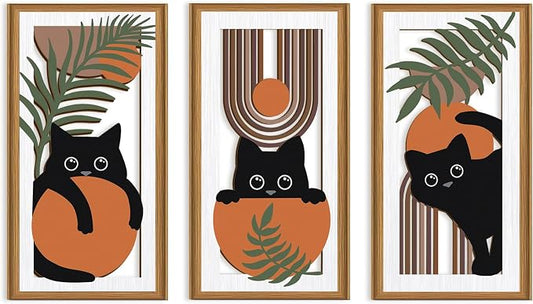 Ausril 3Pcs Boho Black Cat Wall Decor,Boho Cats Wall Art,Mid Century Modern Decor Black Kitty,Abstract Geometric Cats Artwork,Minimalist Botanical Bohemian Cat Wood Art for Home Bedroom Living Room