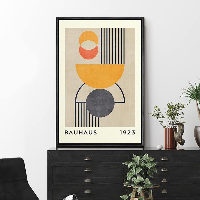 MUDECOR Framed Canvas Print Wall Art Bauhaus Orange Geometric Polygon Landscape Abstract Shapes Illustrations Mid-Century Modern Multicolor for Living Room, Bedroom, Office - 24"x36" Black