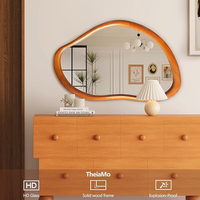 35"x24" Wood Bathroom Mirror Wall Mounted, Red Walnut Irregular Wall Mirror, Rustic Farmhouse Vanity Mirror for Bedroom Living Room Bathroom Entryway, Horizontal/Vertical