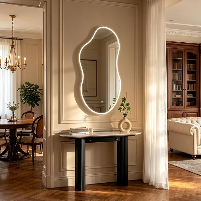 SHYFOY Irregular LED Irregular Wall Mirror, 43" x 23” Modern Asymmetrical Wall Mirror with Lights, Dimmable 3 Color Temperatures, Gold Frame Vanity Mirror for Bedroom, Living Room, Bathroom, Entryway