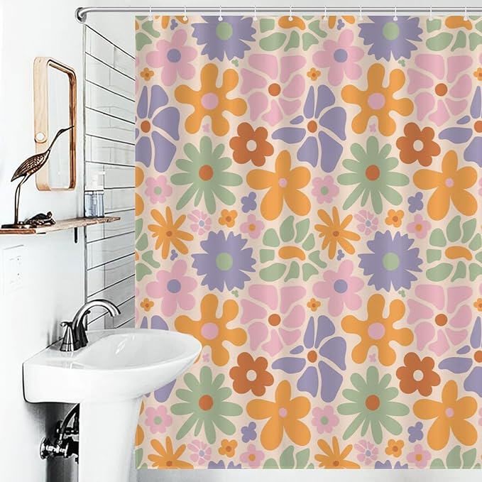 Mid Century Colorful Floral Shower Curtain, Boho Abstract Vintage Retro Orange Flower Botanical Aesthetic Washable Waterproof Fabric for Bathroom Decor Bathtub with 12 Hooks 66x72in（168x183cm）