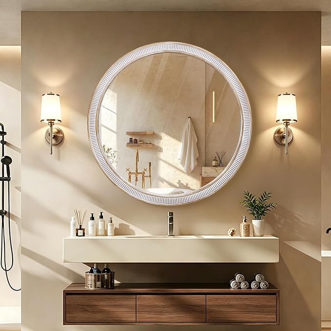 HOITUZYUS 36 Inch Large Round Wood Wall Mirror, Rustic Farmhouse Decorative Circle Mirrors for Bathroom Vanity, Entryway, Living Room, Bedroom, Foyer