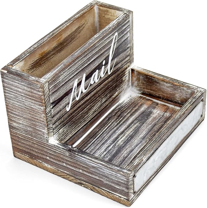 OKSQW Farmhouse Mail Organizer Countertop Letter Sorter Caddy 2 Tier Rustic Mail Tray Wooden Mail Holder File Organizer Bill Paper Folder Office Desk Accessories Rustic Office Supplies Home Decor