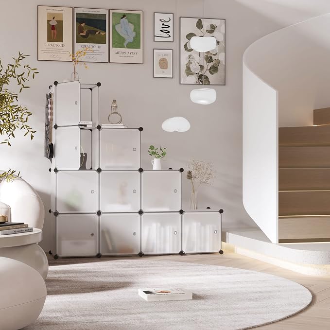 C&AHOME Cube Storage Organizer with Doors, 12-Cube Shelves, Closet Cabinet, DIY Plastic Modular Bookshelf Ideal for Home, Living Room, 36.6”L x 12.4”W x 48.4”H Transparent White USHS3012W-DOOR