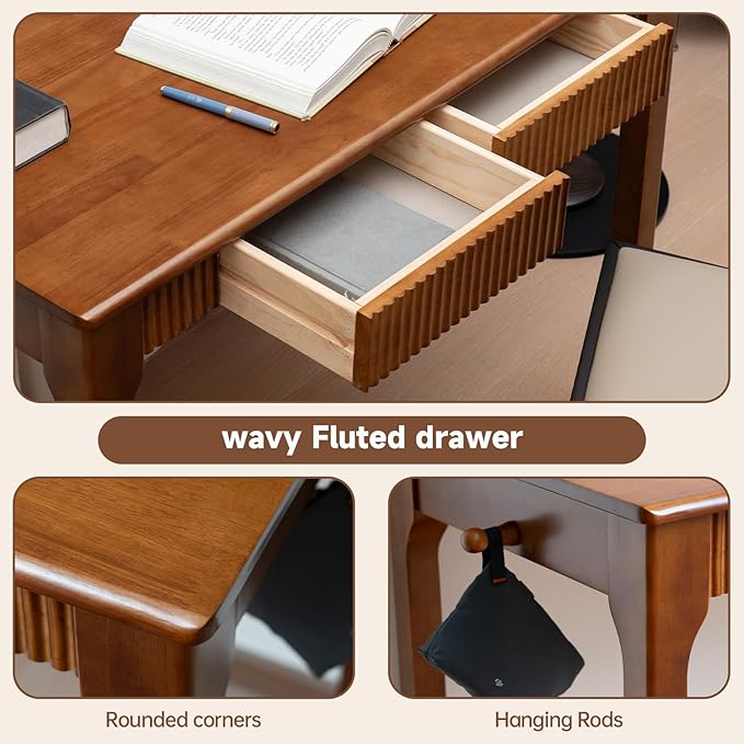 100% Solid Wood Desk with Drawers, Small Home Office Writing Wooden Desk, Vintage Wood Desk for Small Spaces, Bedroom, Work Study Computer Table with Fluted Design and Hooks(Walnut)