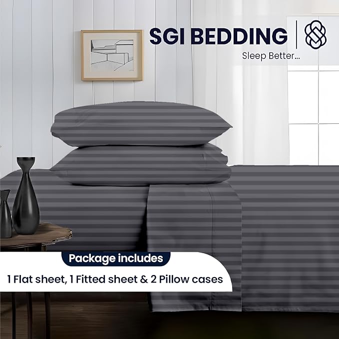 SGI bedding 100% Egyptian Cotton Sheets RV King Size – 600 Thread Count Sheets Set, Soft, Cooling, 15" Deep Pocket, Luxury Hotel Bedding, Breathable, Durable - Dark Grey Stripe