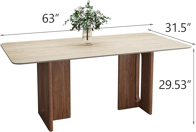 Travertine Dining Table for 4-6, Modern Kitchen Table, Easy Assembly Rectangular Dining Room Table with Solid Wood Legs in Walnut Finish (63-Inch, Table Only)