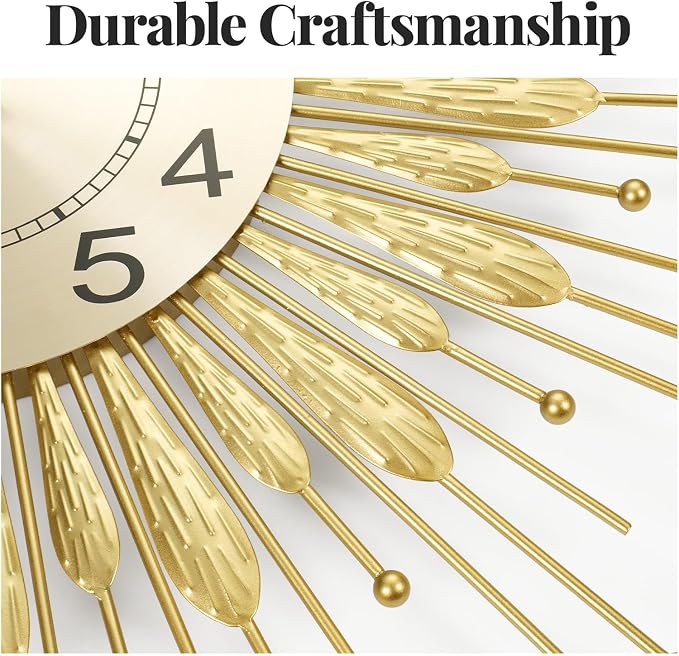 Cuspin Large Gold Wall Clock 30 Inch, Mid Century Modern Sunburst Decorative Design, Silent Non Ticking Battery Operated Metal Wall Clock, for Living Room, Dining Room, Bedroom, Office