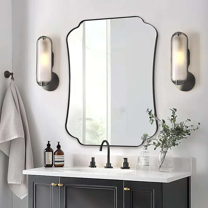 ANDY STAR Matte Black Mirror 30x36 Inch, Scalloped Wall Mirror, Unique Rectangular Bathroom Mirror in Premium Stainless Steel Metal Frame 1’’ Deep, Hangs Vertically/Horizontally