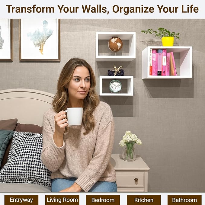 Premium Warm White Floating Cube Shelves, Eco-Friendly Wood Box-Style Wall Storage Display Set of 3 — Pre-Assembled, Ready to Use, Modern Decorative Wall Shelf Units for Living Room, Bedroom & Office