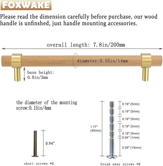Natural Wood and Brass Kitchen Cabinet Handles 5~7.4 Inch Center to Center 4Set Adjustable 6Inch Double Hole Modern Dresser Pulls, 7Inch Unfinished DIY Drawer Knobs