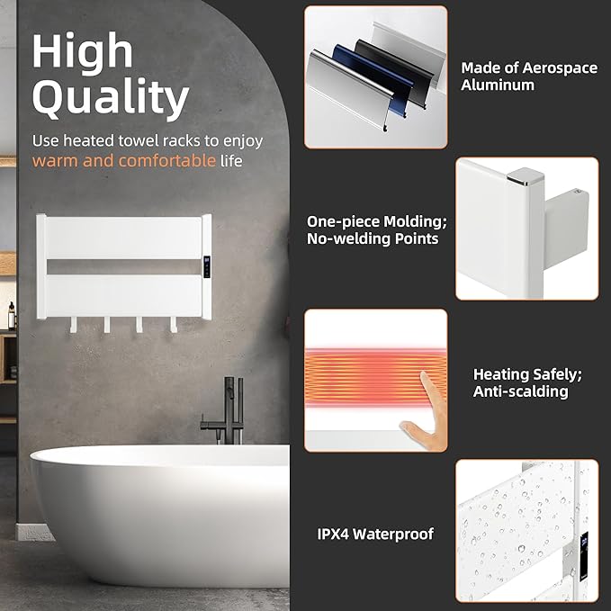 K&KALONZO Smart Electric Towel Warmer with 3-Level Timer & Temp Control, 2H Rapid Dry Aerospace Aluminum Heated Towel Rack, Hardwired/Plug-in Wall Mounted Towel Heater with 4 Hooks, White,H2-W