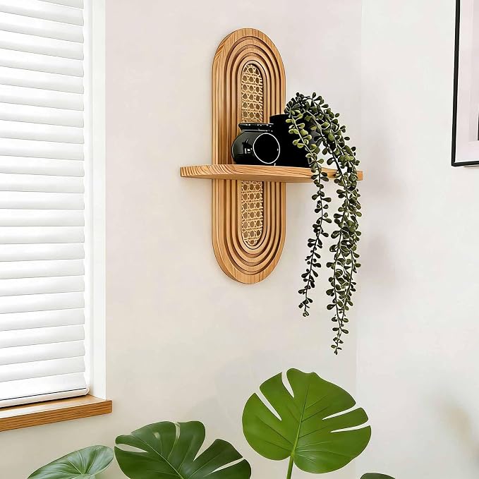 1pc Mid-Century Modern Wall Shelf - Arched Wood & Woven PE Rattan Boho Decorative Floating Shelf, Vintage Aesthetic Decor for Living Room, Bedroom, Kitchen & Home Office (Natural)