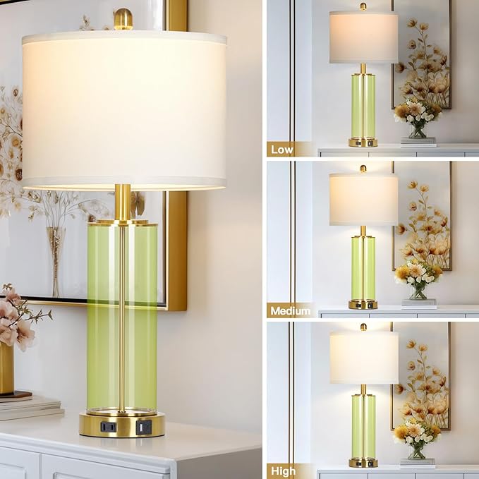 Ruzectt 26" Green Glass Table Lamps for Bedside, Modern Living Room Lamps Set of 2, Elegant Coastal Bedroom Lamp with USB A+C Ports & AC Outlet, 3-Way Dimmable Touch Lamp for Nightstand Dining Table