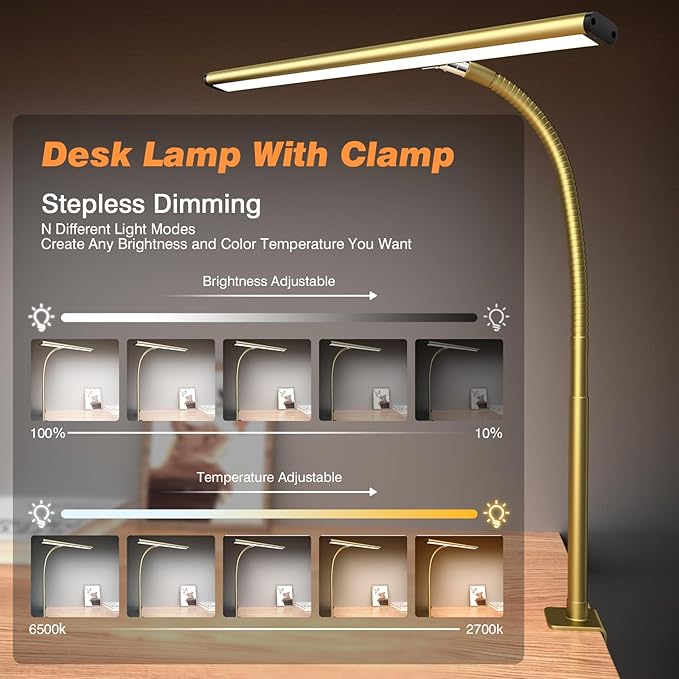 Airlonv LED Desk Lamp for Office Home, Eye-Caring Desk Light with Stepless Dimming Adjustable Flexible Gooseneck, 10W USB Adapter Desk Lamp with Clamp for Reading, Study, Workbench (Gold)