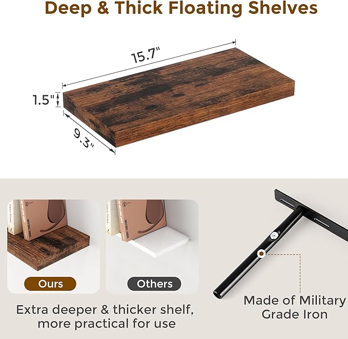 16 Inch Long Floating Shelves, 9.3 Inch Deep Floating Shelf for Wall, Living Room, Kitchen, Rustic Deep Wood Shelves for Bathroom, 2 Pack Storage Display Shelf for Books, Decor, Rustic Brown